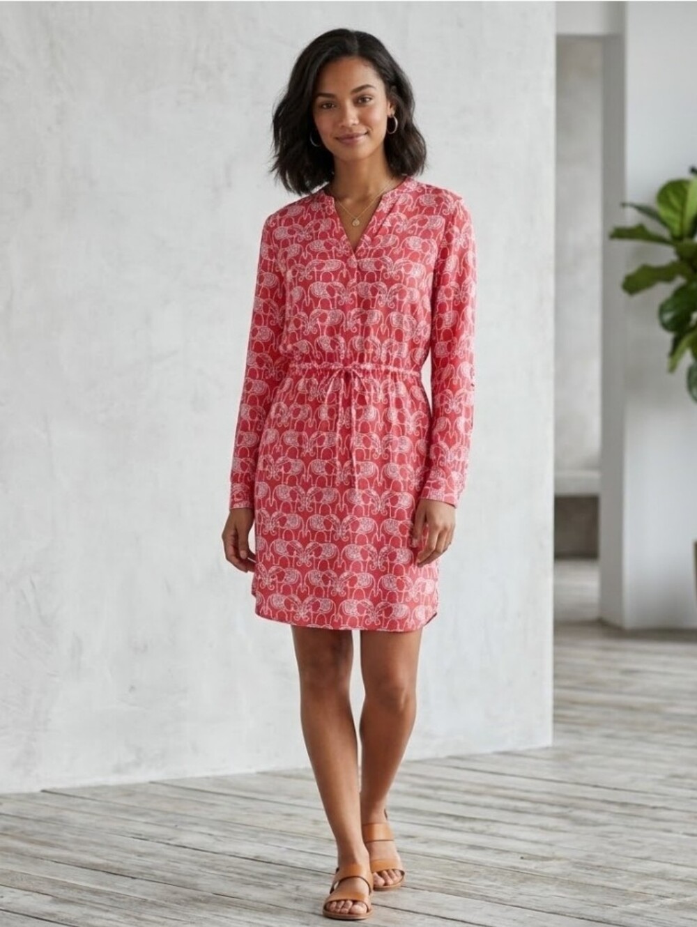 Crown & Ivy Women’s Elephant Print Cinch Waist Dress Pink Long Sleeve Sz 4